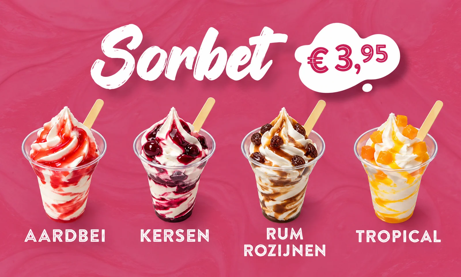 Sorbets met aardbei, kersen, rum-rozijnen en tropical