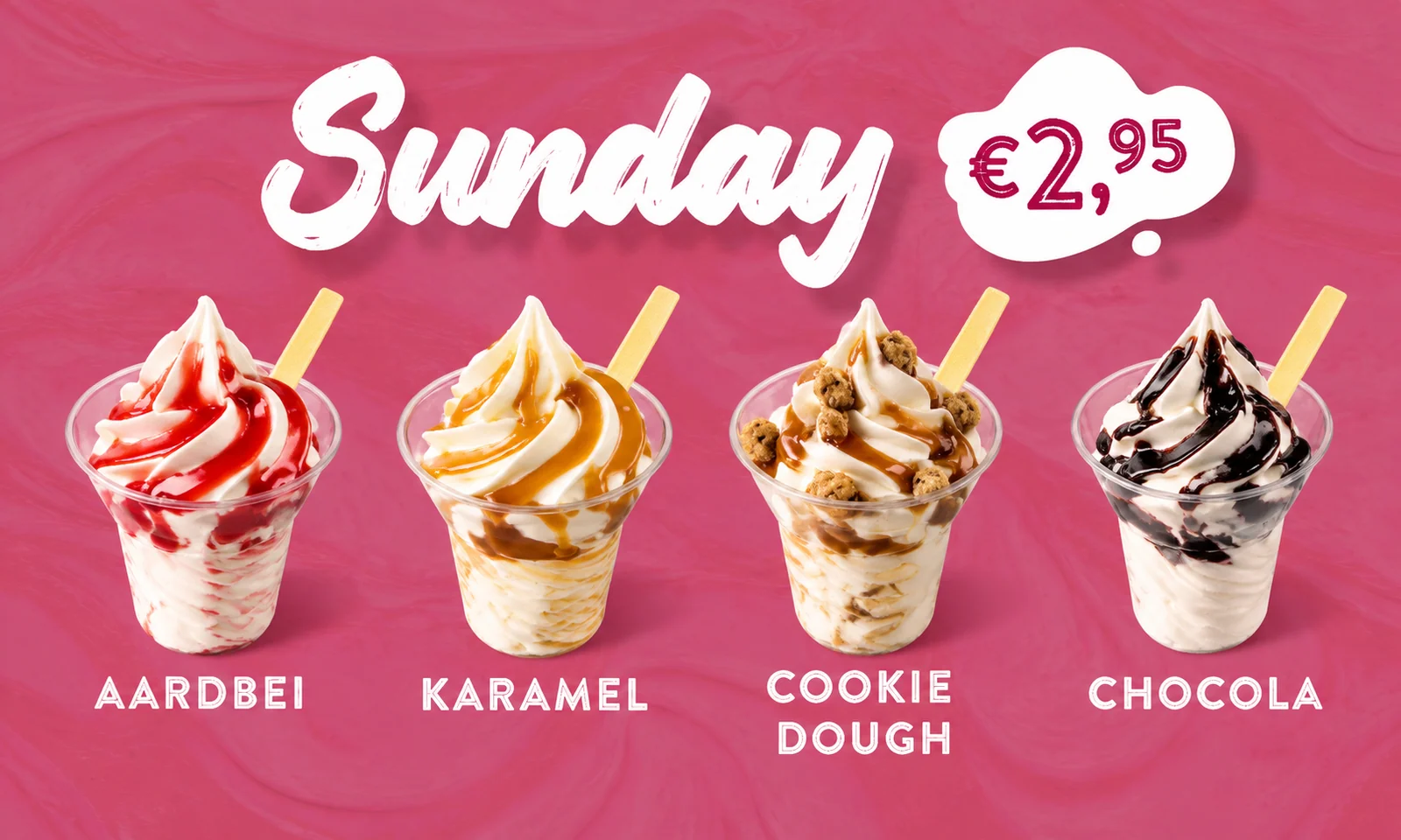 Sundaes met aardbei, karamel, cookie dough en chocola